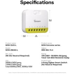 SONOFF MINI DUO-L Zigbee 3.0 met 2 Kanalen Zonder Nuldraad