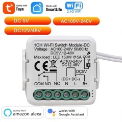 Tuya Smart WiFi Relay with Clean Contact for Recessed Installation 1/2CH AC/DC