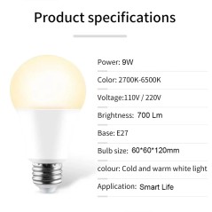 Tuya Smart Bulb E27 A60 9W CCT 2700–6500K Dimmable WiFi
