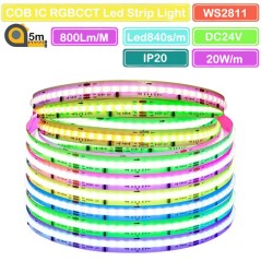 Bande LED COB RGBCCT de 5 mètres, 840 LED par mètre, alimentation CC 24 V.