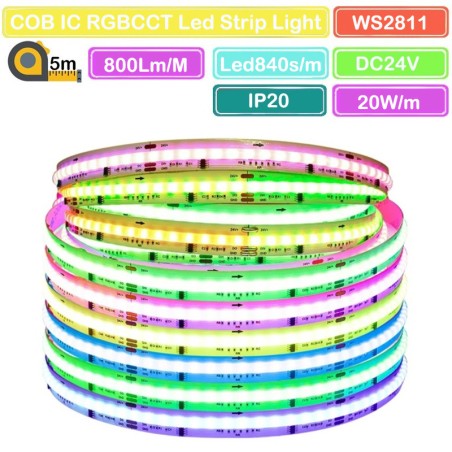Bande LED COB RGBCCT de 5 mètres, 840 LED par mètre, alimentation CC 24 V.