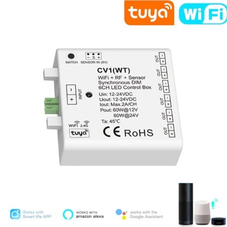 Tuya Smart WiFi + RF + 6-Channel Sensor Dimmer Control Unit for 12/24V LED Strips