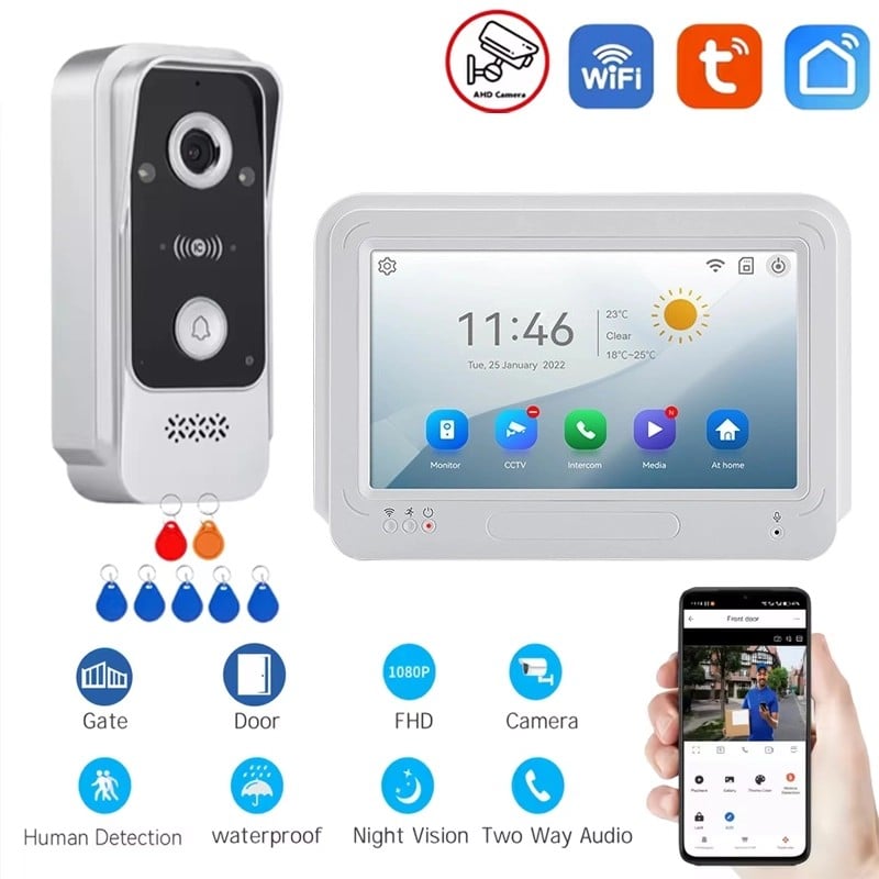 Kit de sonnette vidéo Tuya Smart WiFi AHD 1080p 2MP avec moniteur