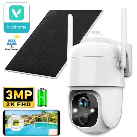 VicoHome Caméra PTZ WiFi 3MP IP65 avec Panneau Solaire