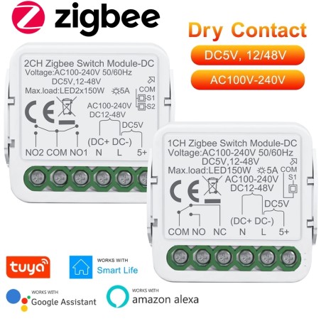 Tuya Zigbee Smart Inbouwrelais met Potentiaalvrij Contact AC/DC
