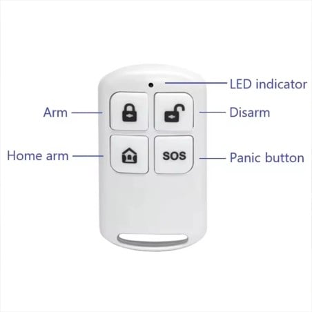 Control remoto inalámbrico RF433 de 4 botones para sistemas de alarma antirrobo con función SOS.