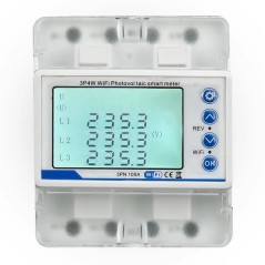 Vista frontal del contador de energía trifásico inteligente WiFi de 100A con pantalla retroiluminada