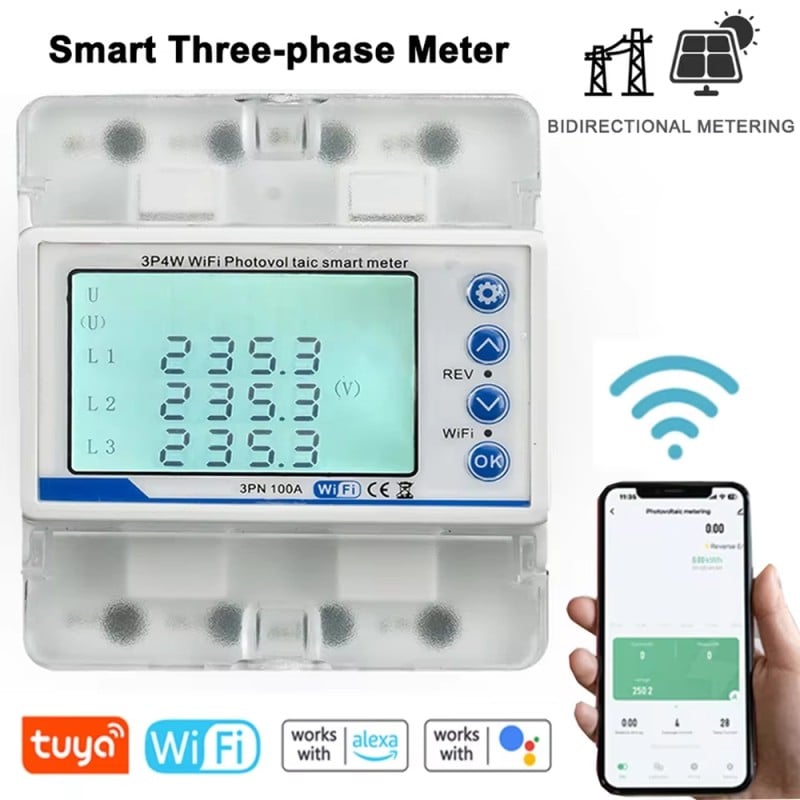 Tuya 100A Intelligenter WLAN-Drehstromzähler für Photovoltaikanlagen mit bidirektionaler Überwachung