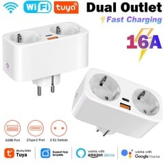 Tuya 16A Smart WiFi dubbel stopcontact met USB Type-C en 25W GaN snelladen
