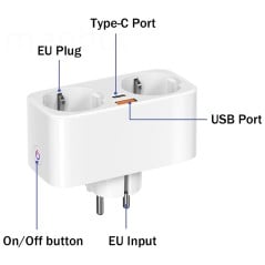 Detail of USB ports, Type-C, on-off button and EU plug of the Tuya dual smart socket