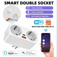 Doppelte Schuko-Smart-Steckdose WiFi Tuya 16A mit App-Steuerung und Schnellladung USB Typ-C