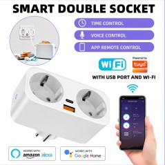 Dubbele Schuko slimme WiFi Tuya-stopcontact 16A met appbediening en snelladen via USB Type‑C