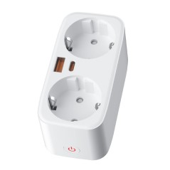 Vista angolata della presa doppia Schuko smart WiFi Tuya 16A con porte USB e Type-C