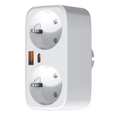 Vue latérale de la double prise intelligente Wi‑Fi Tuya avec deux prises Schuko et un design compact