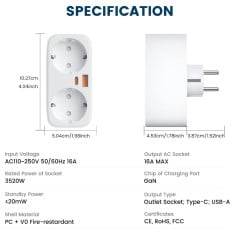 Technical specifications of the Tuya 16A dual smart WiFi socket with USB Type-C and 2.4GHz WiFi