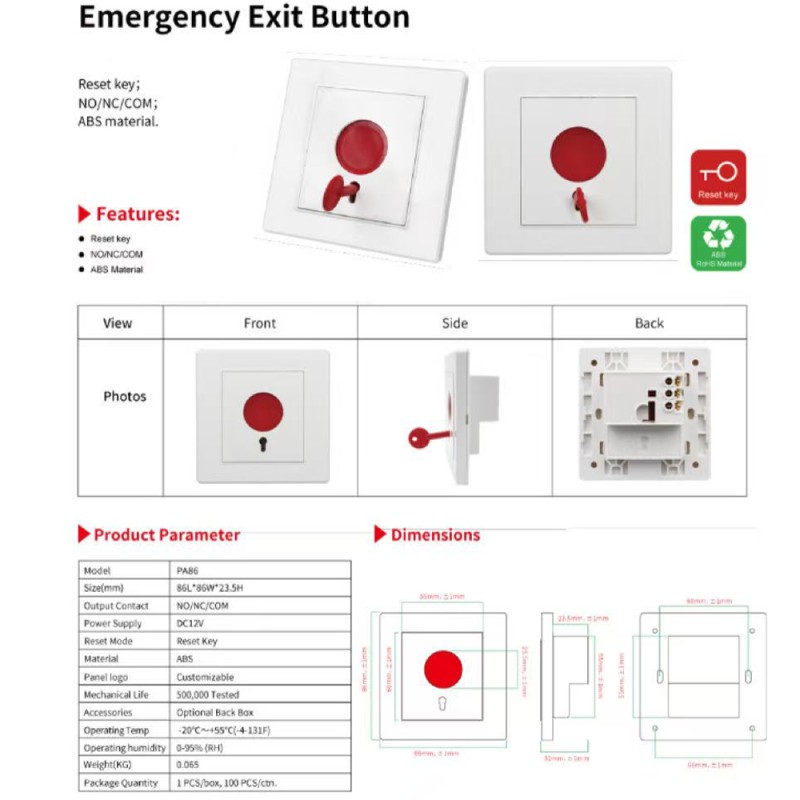 Emergency Exit Button with Reset Key NO/NC/COM