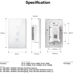 Technisch fiche SONOFF TX Gen2 T6-120MB zwarte slimme WiFi Matter-schakelaar