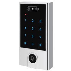 Access control with doorbell button three-quarter view: zinc alloy body and backlit keypad