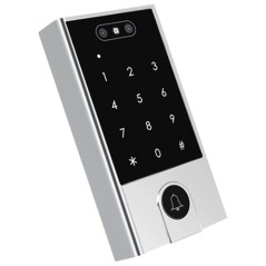 Side view of doorbell version: front camera, 12-key keypad, and doorbell button