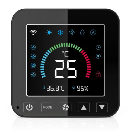 Controlador inteligente de aire acondicionado Tuya con WiFi, pantalla LCD y sensor de temperatura y humedad.