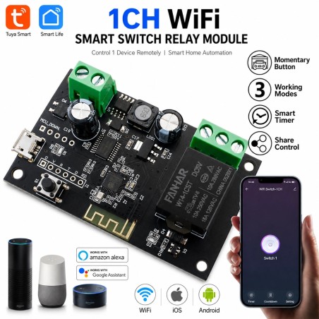 Tuya Smart WiFi Relay Module 1 Canal compatible con Alexa y Google
