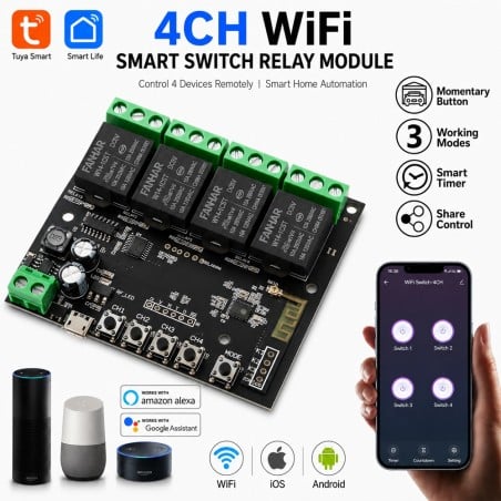 Tuya Smart WiFi 4 Channel Relay Module compatible with Alexa and Google