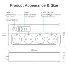 Dimensioni Tuya multipresa smart WiFi 10A con quattro prese Schuko