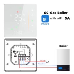 eWeLink-thermostaat BHT-006GCW wit met bedradingsoverzicht voor de ketel