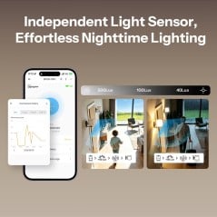 The independent light sensor measures 500, 100, and 40 lux, with history and graph in the app