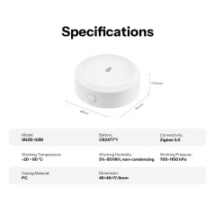 Specifiche del SNZB-02M: Zigbee 3.0, CR2477, da -20 a 60 gradi, 45x45x17,4 mm