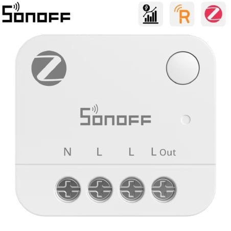 SONOFF MINI-ZB1GP, wit Zigbee‑module frontaal gezien met de vier klemmen