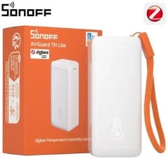 SONOFF SNZB-02B naast de oranje AirGuard TH Lite-verpakking