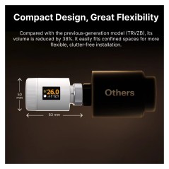Compact ontwerp van de TRV-ZBT: 83 x 50 mm, 38% kleiner volume dan de TRVZB van de vorige generatie