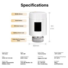 Specifiche del TRV-ZBT: 83 x 50 mm, 3 V DC con due batterie AA, filetto M30 x 1,5 mm, 5-30 °C, Zigbee 3.0 e BLE