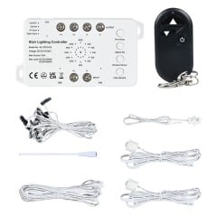 Kit contents: controller, RF remote, 1 m sensor cables, 5 m extension, and main line with 16 terminals