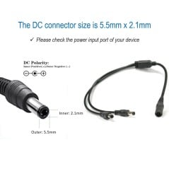 Connettore DC 5,5 x 2,1 mm del cavo sdoppiatore con polarità positivo al centro e negativo all'esterno