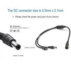DC-connector 5,5 x 2,1 mm van de splitkabel met positieve polariteit in het midden en negatieve aan de buitenkant