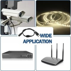 Uses of the 12V DC splitter cable: surveillance cameras, LED strips, DVRs, and routers