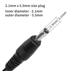 Männlicher DC-Stecker 5,5 x 2,1 mm des Y-Kabels: Außendurchmesser 5,5 mm und Innendurchmesser 2,1 mm