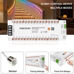 MS032W LED staircase controller, 32-channel Wi‑Fi with PIR sensor, pairing buttons, and push-in terminals