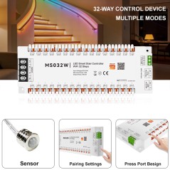 LED-Treppensteuerung MS032W, Wi‑Fi, 32 Kanäle, mit PIR-Sensor, Kopplungstasten und Federklemmen
