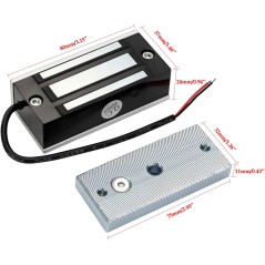 Abmessungen des 60-kg-Magnetverschlusses: Elektromagnet 80 x 37 x 24 mm, Platte 75 x 32 x 11 mm