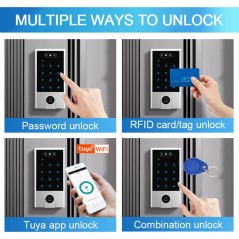 Four unlocking methods on the version with doorbell: password, RFID card or tag, Tuya app, and combination