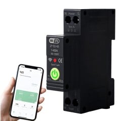 1P-DJ-63 WiFi switch with a green front button and a smartphone app for remote control