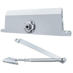 Aluminum door closer body and arm with threaded rod for length adjustment