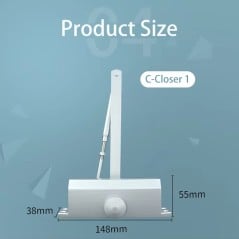Dimensions du ferme-porte C-Closer 1 pour portes de 25 à 45 kg : corps 148 x 38 x 55 mm