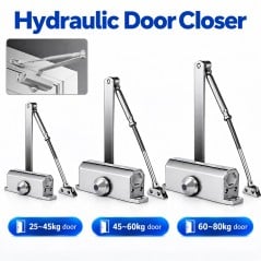 Chiudiporta idraulico nei tre modelli per porte da 25-45 kg, 45-60 kg e 60-80 kg, con braccio e staffa