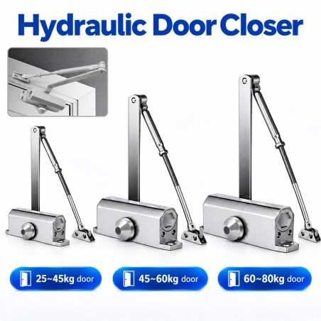 Chiudiporta idraulico nei tre modelli per porte da 25-45 kg, 45-60 kg e 60-80 kg, con braccio e staffa