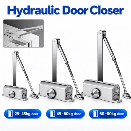 Hydraulische deurdranger in drie modellen voor deuren van 25-45 kg, 45-60 kg en 60-80 kg, met arm en beugel