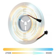 Bobine de 5 m de ruban LED COB CCT avec connecteurs à trois pôles et blanc de 2700 à 6500 K